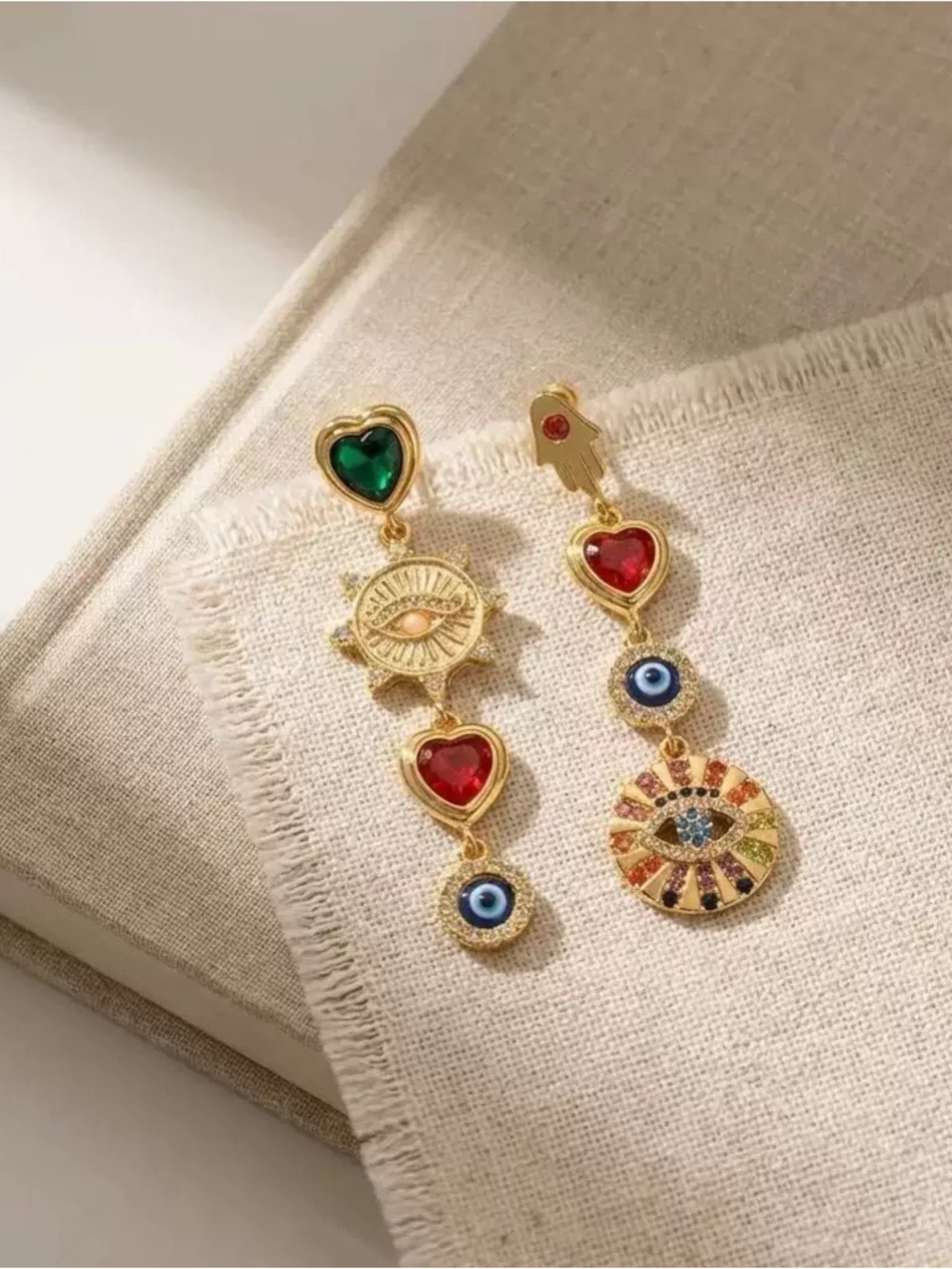 Anthropologie Gold-Tone Multi-Color Evil Eye Drop Earrings with Red Heart - Picture 2 of 3